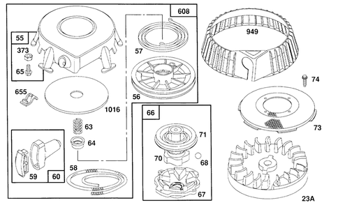 Rewind Starter Assembly Diagram and Parts List for 259707-4007-XX  Briggs and Stratton Engine
